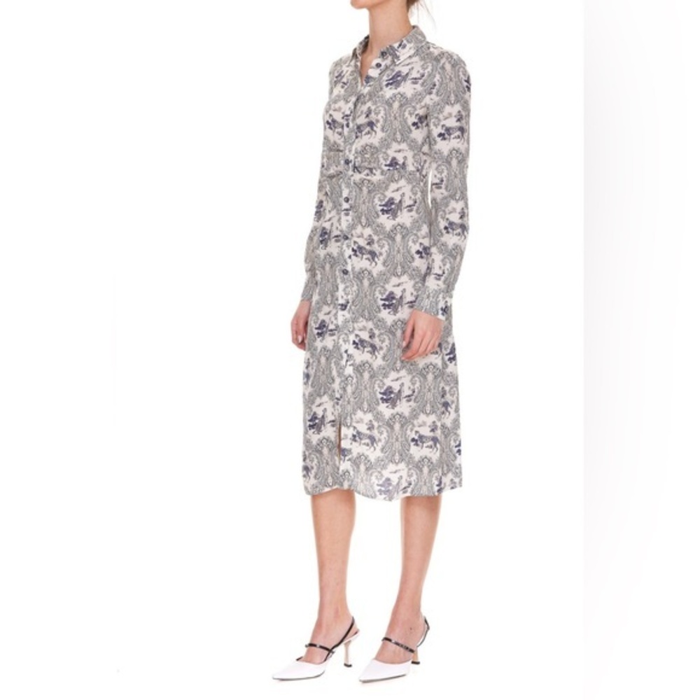 PINKO White Blue Panther Print Long Sleeve Midi Dress Quit Luxury
